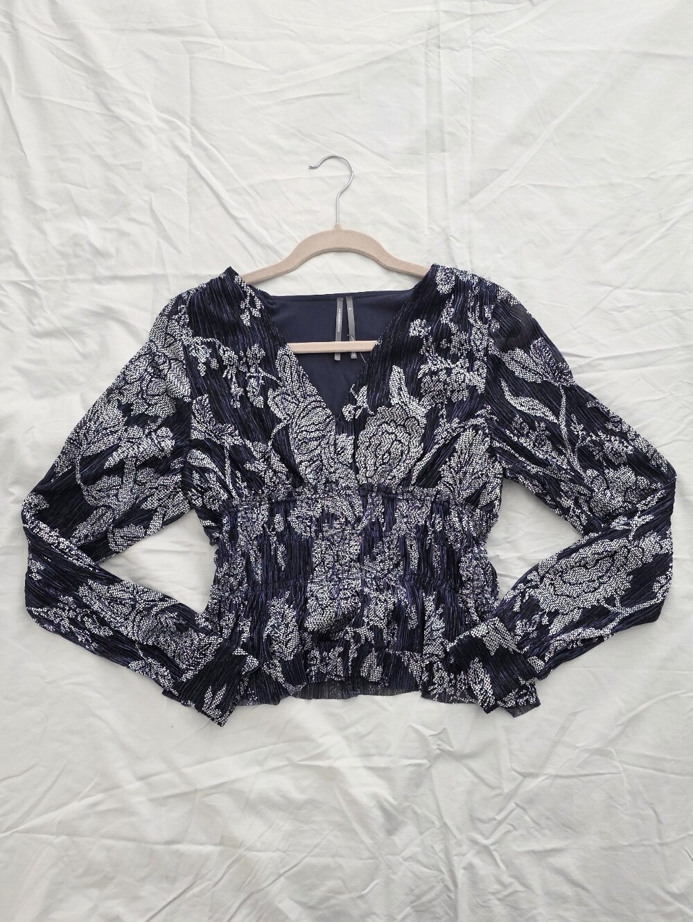 *Anthropologie* Metallic Smocked Long Sleeved Navy Blue Floral V-Neck Blouse